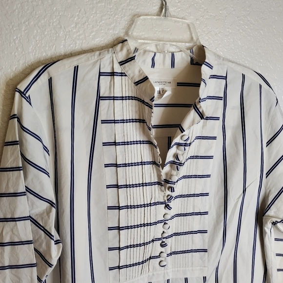Lafayette 148 New York Striped Pintuck Button-Down Blouse Sz M - Picture 3 of 9